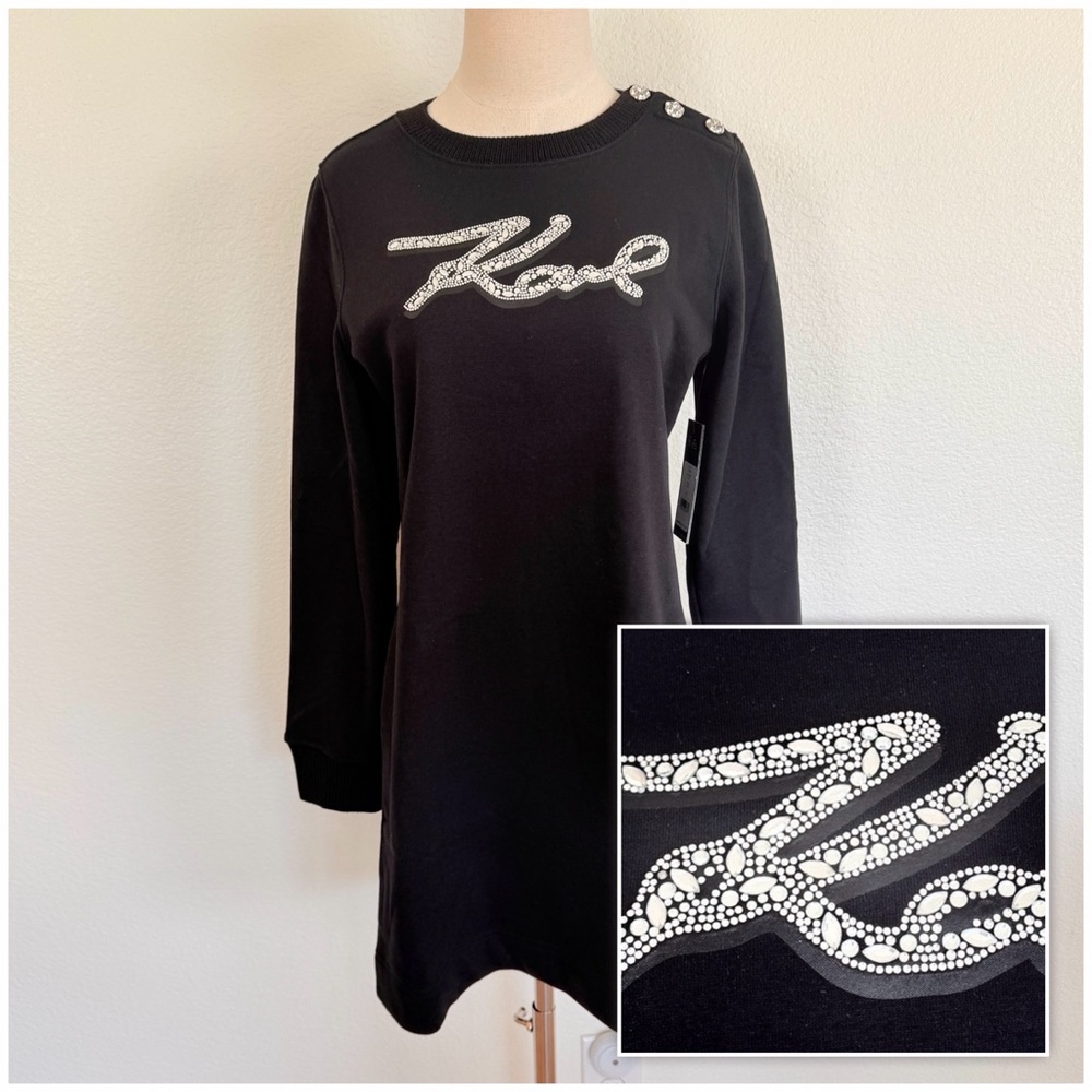 🖤 Karl Lagerfeld Black Sweatshirt Dress w/ Crystal Logo & Shoulder Button Detail